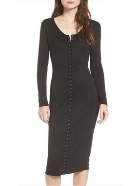 Black snap front bodycon midi long sleeve dress